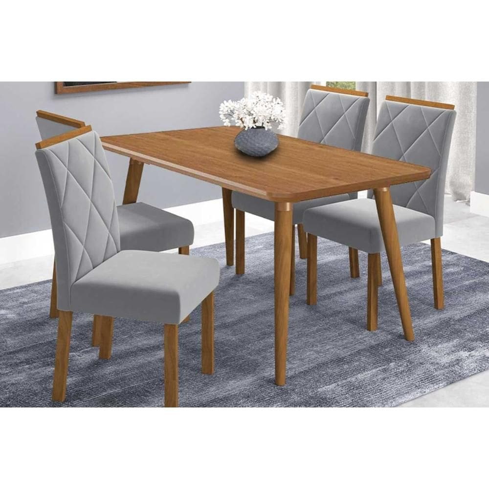 Conjunto: Mesa de Cozinha Adele Tampo Madeirado 130x80cm e 4 Cadeiras Fernanda Carvalho/Cinamomo - Linho Grafite - Cimol