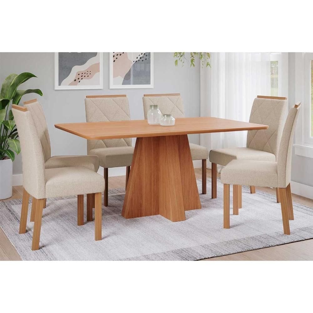 Conjunto: Mesa de Cozinha Maitê Tampo Madeirado 160x80cm e 6 Cadeiras Fernanda Cinamomo - Carvalho/Suede Nude Bege - Cimol