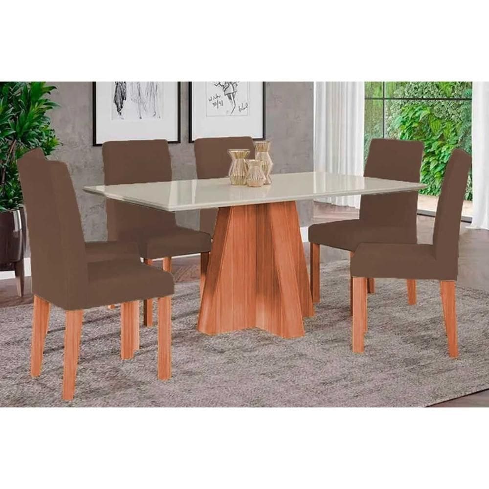 Conjunto: Mesa de Cozinha Maitê Tampo Madeirado c/ Vidro 160x80cm e 6 Cadeiras Maia Cinamomo/Off White - Suede Mascavo Chocolate - Cimol