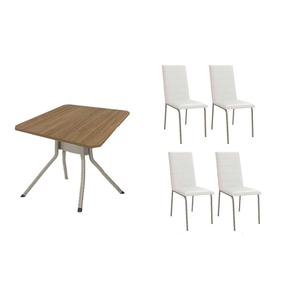 Conjunto: Mesa de Cozinha Loire c/ Tampo de Madeira 90cm + 4 Cadeiras Amsterdã Niquel/Branco 106 - Kappesberg
