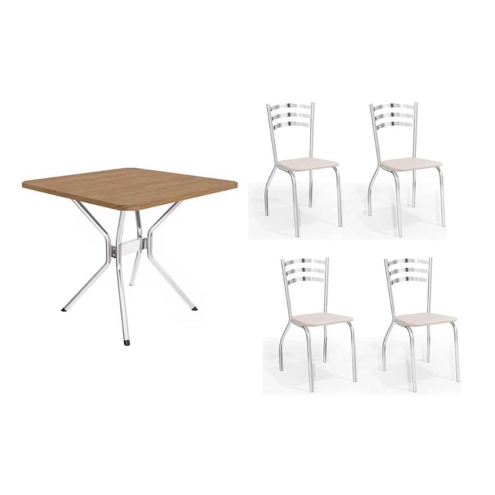 Conjunto: Mesa de Cozinha Loire c/ Tampo de Madeira 90cm + 4 Cadeiras Portugal Cromada/Branco 106 - Kappesberg