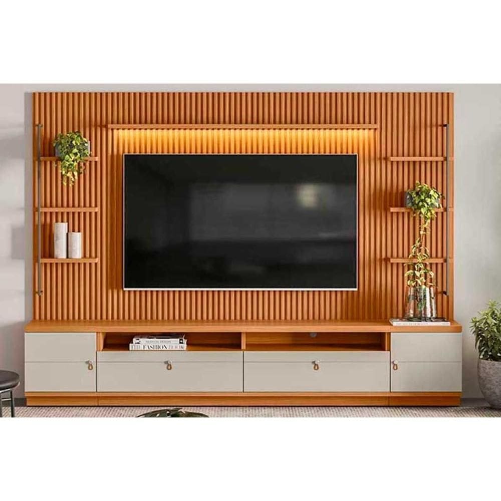 Estante p/ Sala até 75 Pol Ouro Preto Ripado c/ 2Gav. 2Ptas. 4Prat. e Leds 224x198cm Nature/Off White - Linea Brasil
