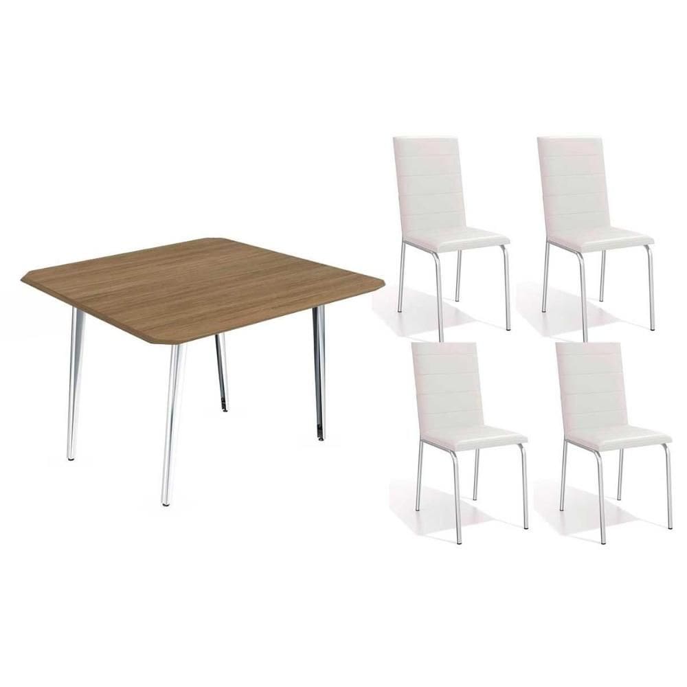 Conjunto: Mesa de Cozinha Iguaçu c/ Tampo de Madeira 90cm + 4 Cadeiras Amsterdã Cromada/Branco 106 - Kappesberg