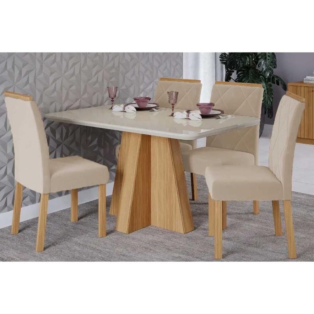 Conjunto: Mesa de Cozinha Maitê Tampo Madeirado c/ Vidro 130x80cm e 4 Cadeiras Fernanda Nature/Off White - Carvalho/Suede Nude Bege - Cimol