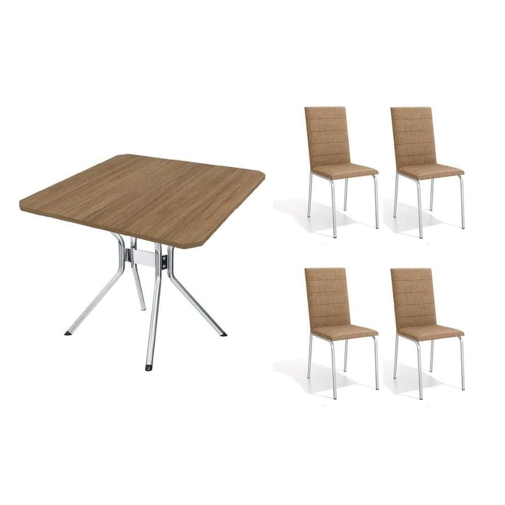 Conjunto: Mesa de Cozinha Loire c/ Tampo de Madeira 90cm + 4 Cadeiras Amsterdã Cromada/Capuccino - Kappesberg