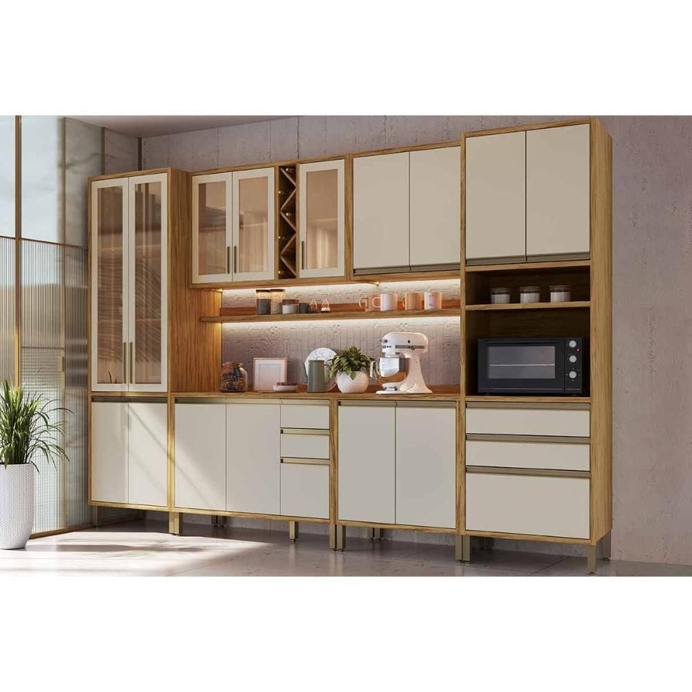 Kit Cozinha Modulada 8 Peças Tempranillo (2Aéreos+2Balcões+1Paneleiro+1TorreQuente+2Complementos) C8P81 Amendoa/Off White - Ronipa