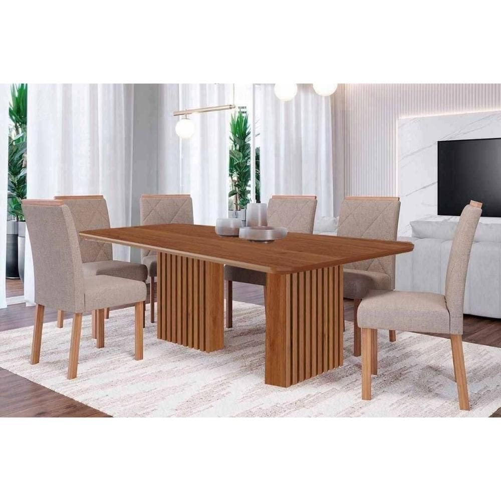 Conjunto: Mesa de Cozinha Ester Tampo Madeirado 180x90cm e 6 Cadeiras Fernanda Cinamomo - Carvalho/Linho Bege - Cimol
