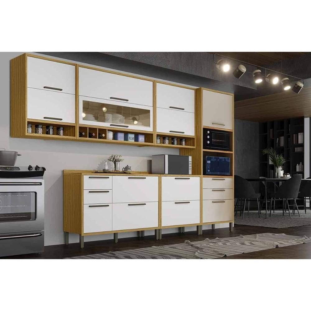 Módulo Cozinha Ronipa Syrah 6 Peças (3Aéreos+2Balcões+1TorreQuente) C6P115 Amendoa/Off White-Ronipa