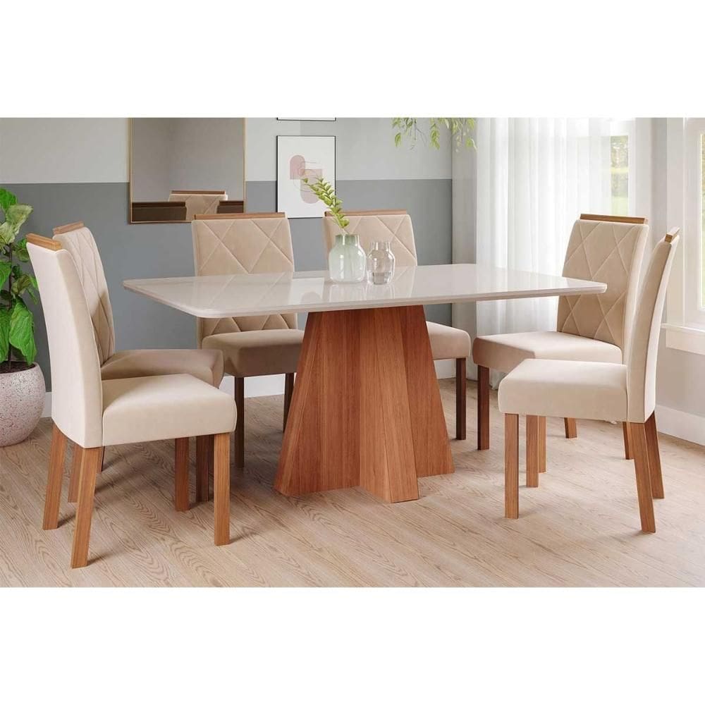 Conjunto: Mesa de Cozinha Maitê Tampo Madeirado c/ Vidro 160x80cm e 6 Cadeiras Fernanda Cinamomo/Off White - Carvalho/Suede Nude Bege - Cimol