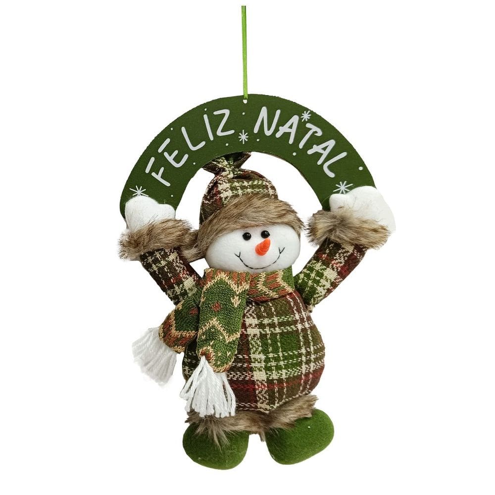 Guirlanda Placa Feliz Natal Madeira Boneco de Neve Decorativo Pelúcia Verde Xadrez e Cachecol Crochê 30cm