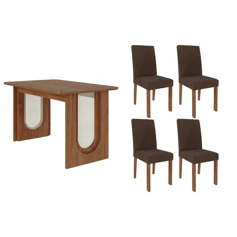 Conjunto: Mesa de Cozinha Valentina Tampo Madeirado 130x80cm e 4 Cadeiras Maia Cinamomo - Cinamomo/Suede Mascavo Chocolate - Cimol