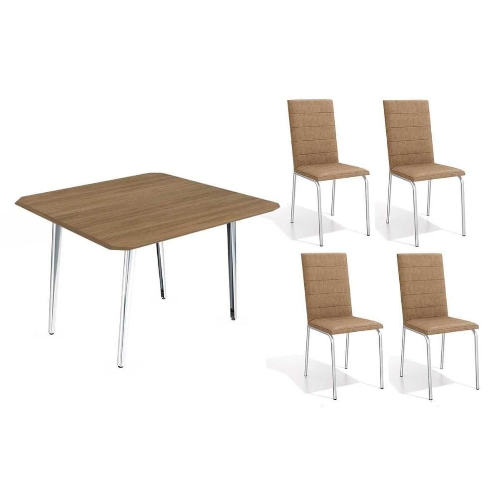 Conjunto: Mesa Sala Jantar Iguaçu c/ Tampo de Madeira 90cm + 4 Cadeiras Amsterdã Cromada/Capuccino - Kappesberg