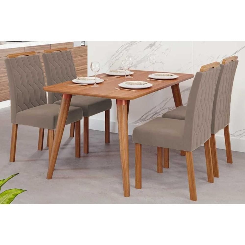 Conjunto: Mesa de Cozinha Adele Tampo Madeirado 130x80cm e 4 Cadeiras Paola Carvalho/Cinamomo - Suede Joli Capuccino - Cimol