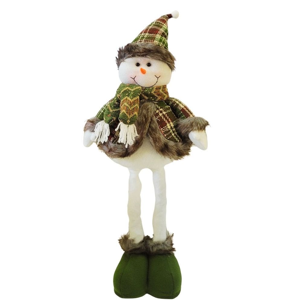 Boneco de Neve Decorativo Natal Pernas Retráteis Extensoras 55cm a 75cm Pelúcia Branco Roupa Verde Xadrez