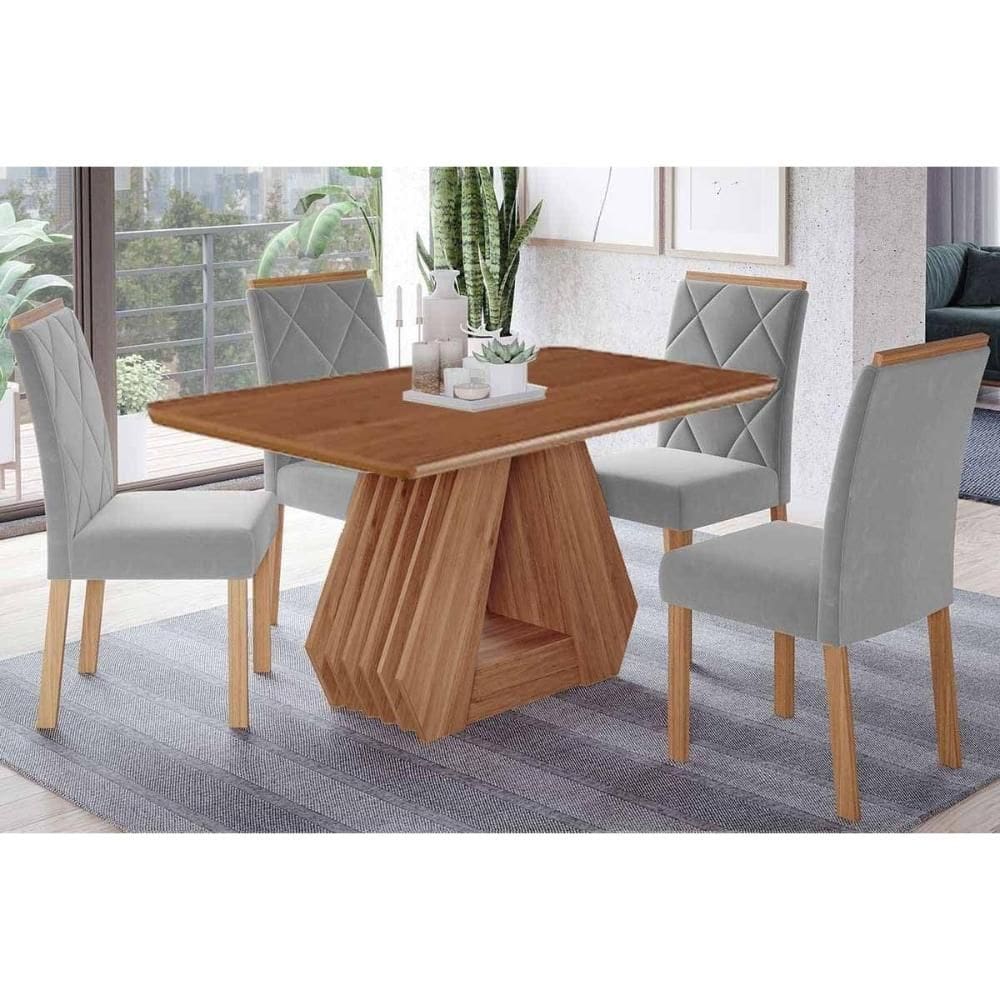 Conjunto: Mesa de Cozinha Ágata Tampo Madeirado 130x80cm e 4 Cadeiras Fernanda Cinamomo - Carvalho/Linho Grafite - Cimol