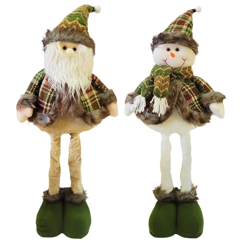 Jogo Papai Noel e Boneco de Neve Natal Pelúcia Verde Xadrez Pernas Retráteis Extensoras 55cm a 75cm