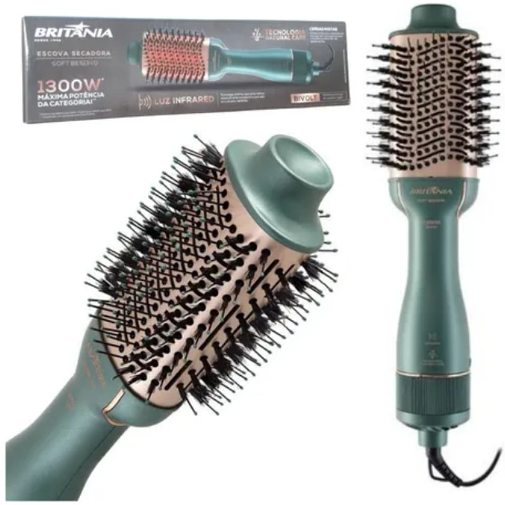 Escova Secadora Britania 3X1 Bivolt 1300W tourmaline íons Green