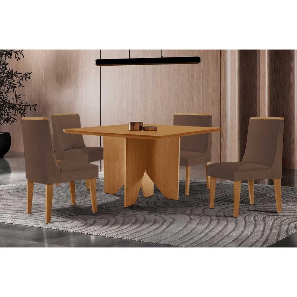 Conjunto: Mesa de Cozinha Nevada c/ Tampo Madeirado Canto Curvo 90x90cm e 4 Cadeiras Dakota Naturale - Suede Marrom - Rufato