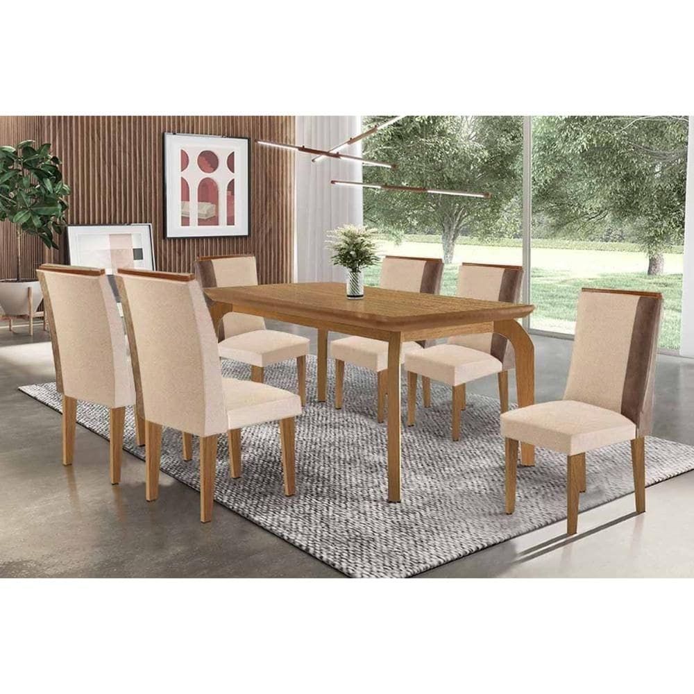 Conjunto: Mesa de Cozinha Londrina c/ Tampo Madeirado Canto Curvo 180x90cm e 6 Cadeiras Tilia Naturale - Linho Bege - Rufato
