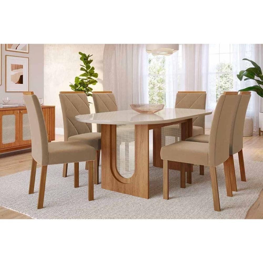 Conjunto: Mesa de Cozinha Valentina Tampo Madeirado Oval c/ Vidro 210x100cm e 6 Cadeiras Fernanda Cinamomo/Off White - Carvalho/Linho Bege - Cimol