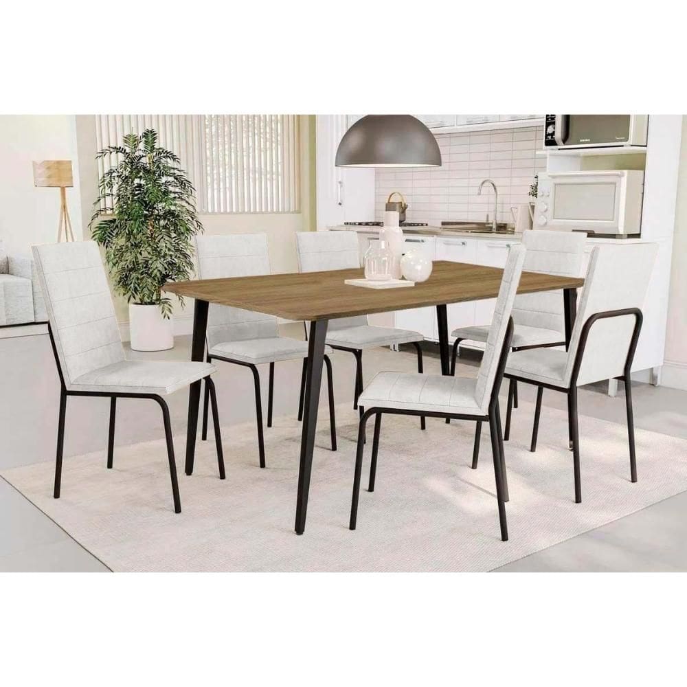 Conjunto: Mesa Sala Jantar Iguaçu c/ Tampo de Madeira 160cm e 6 Cadeiras Amsterdã Preto - ano Branco - Kappesberg