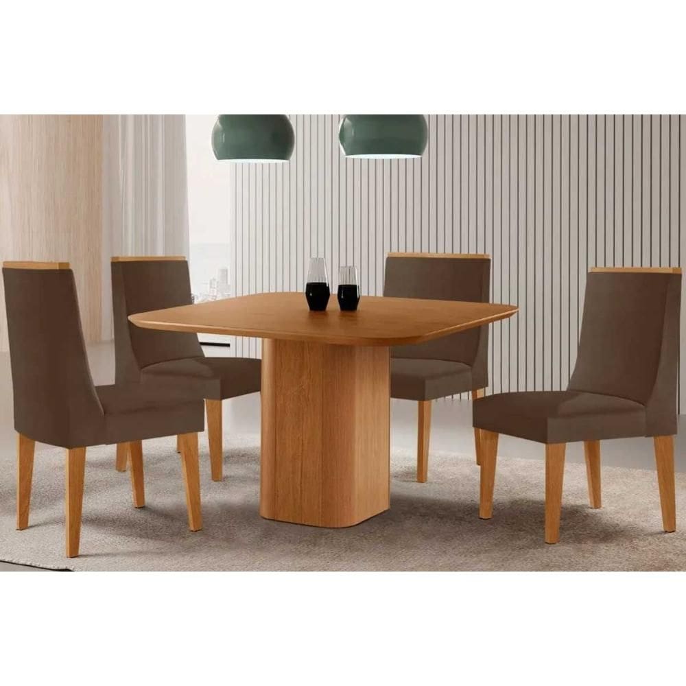 Conjunto: Mesa de Cozinha Maldivas c/ Tampo Madeirado Canto Curvo 90x90cm e 4 Cadeiras Dakota Naturale - Suede Marrom - Rufato