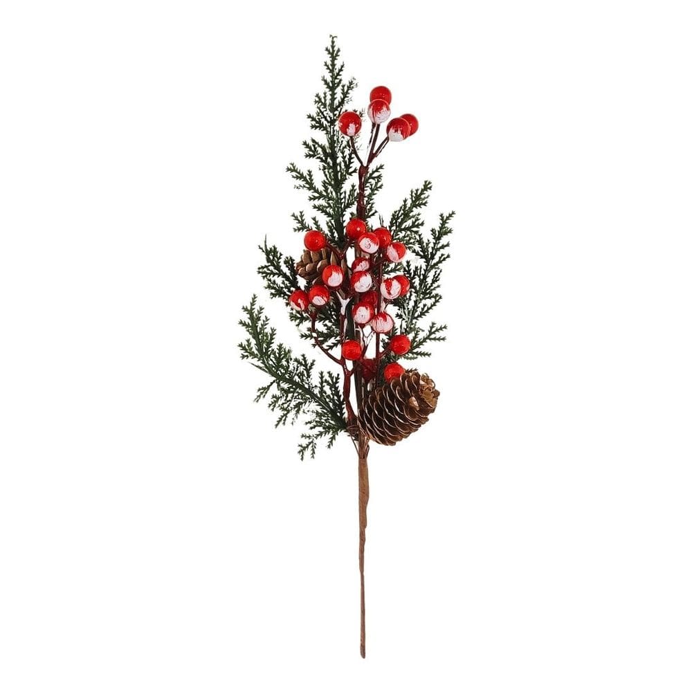Pick Natalino Galho Decorativo com Folhagens, Pinhas e Cereja Nevada 30cm