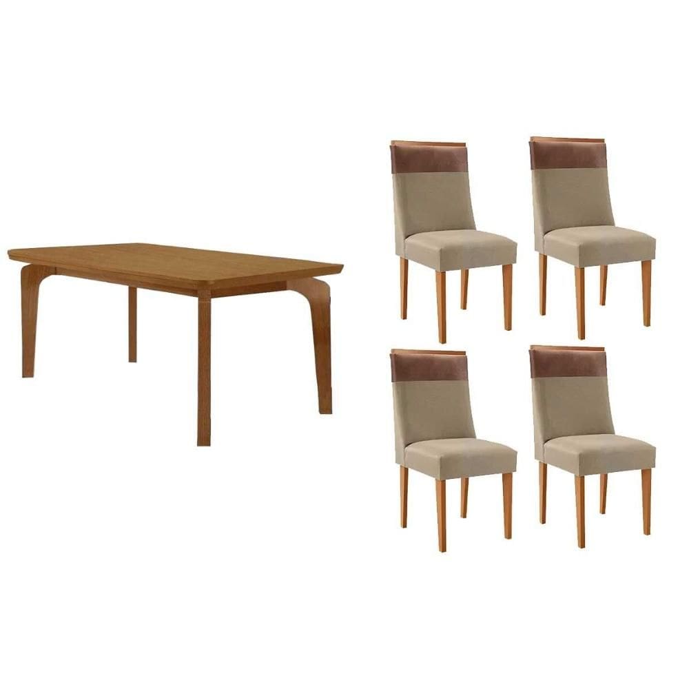 Conjunto: Mesa de Cozinha Londrina c/ Tampo Madeirado Canto Curvo 120x80cm e 4 Cadeiras Jaspe Naturale - Linho Bege - Rufato