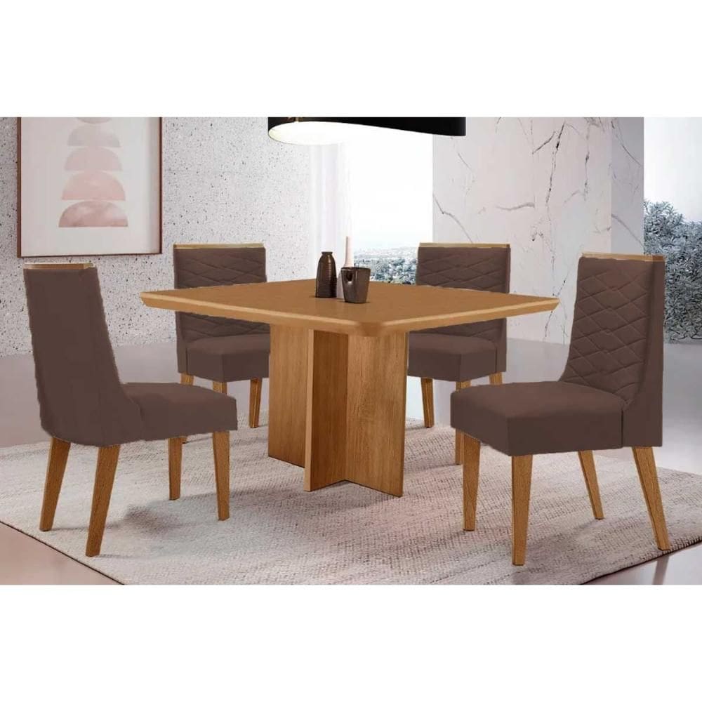 Conjunto: Mesa de Cozinha Berlim c/ Tampo Madeirado Canto Curvo 90x90cm e 4 Cadeiras Maldivas Naturale - Suede Marrom - Rufato