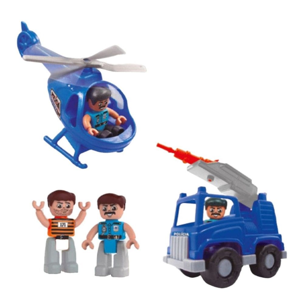 Bonecos Infantil Police Team com Caminhão Lançador de Dardos Helicóptero Maral