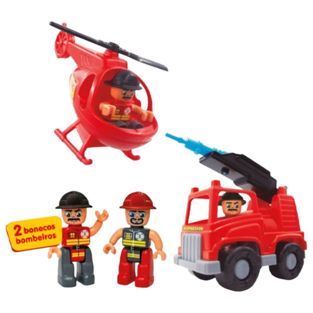 Brinquedo Mini Bonecos Caminhão Helicóptero Bombeiros Fire Team Meninos Maral