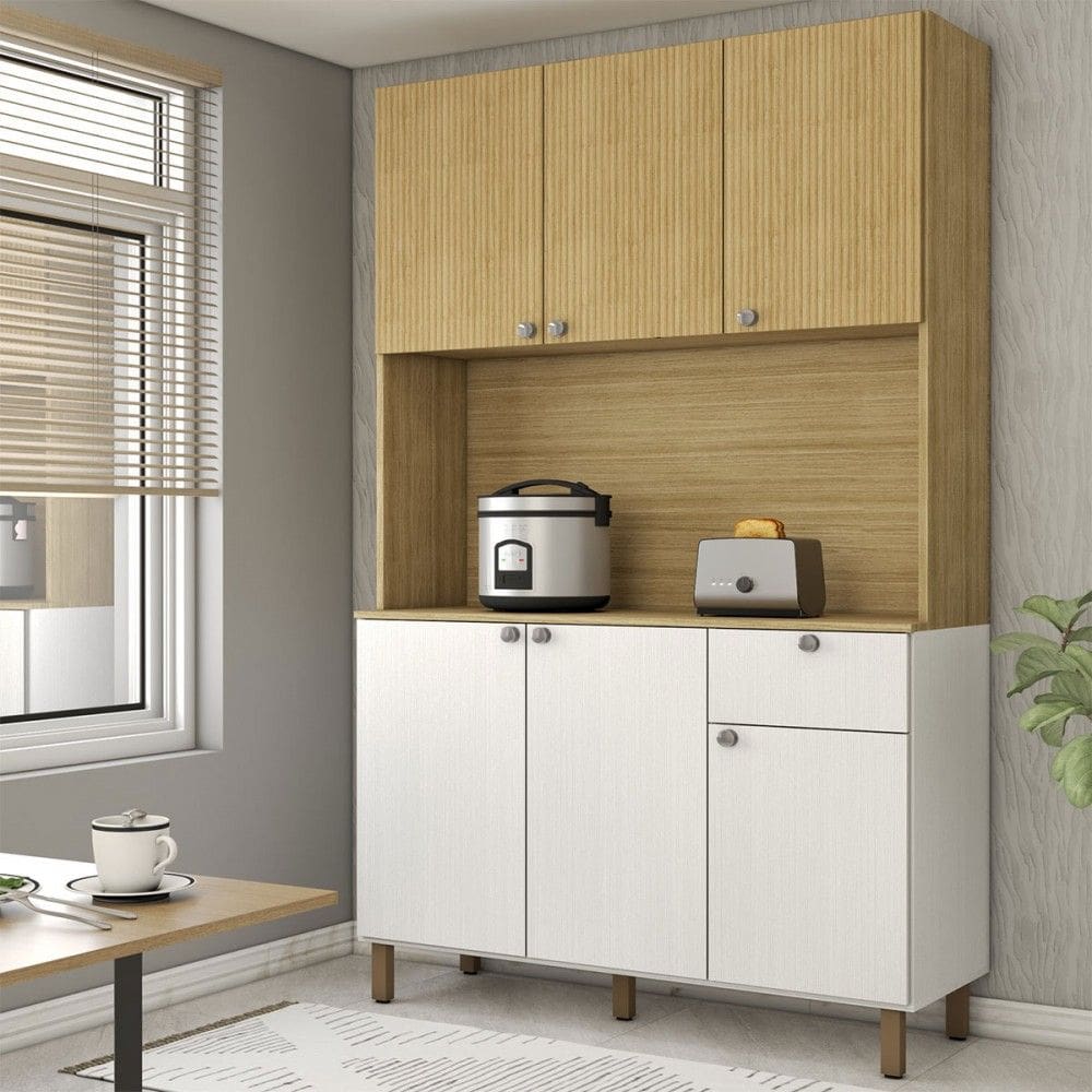 Armário de Cozinha com Balcão Evermore 6 Portas 1 Gaveta Ripado 3d Freijó/Supremo - Panorama Móveis