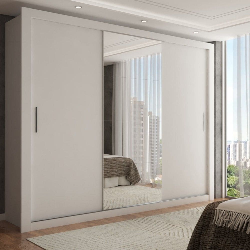 Guarda-Roupa Casal Carol 3 Portas de Correr com Espelho 4 Gavetas Branco - Pm