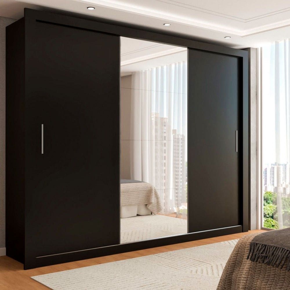 Guarda-Roupa Casal Carol 3 Portas de Correr com Espelho 4 Gavetas Preto - Pm