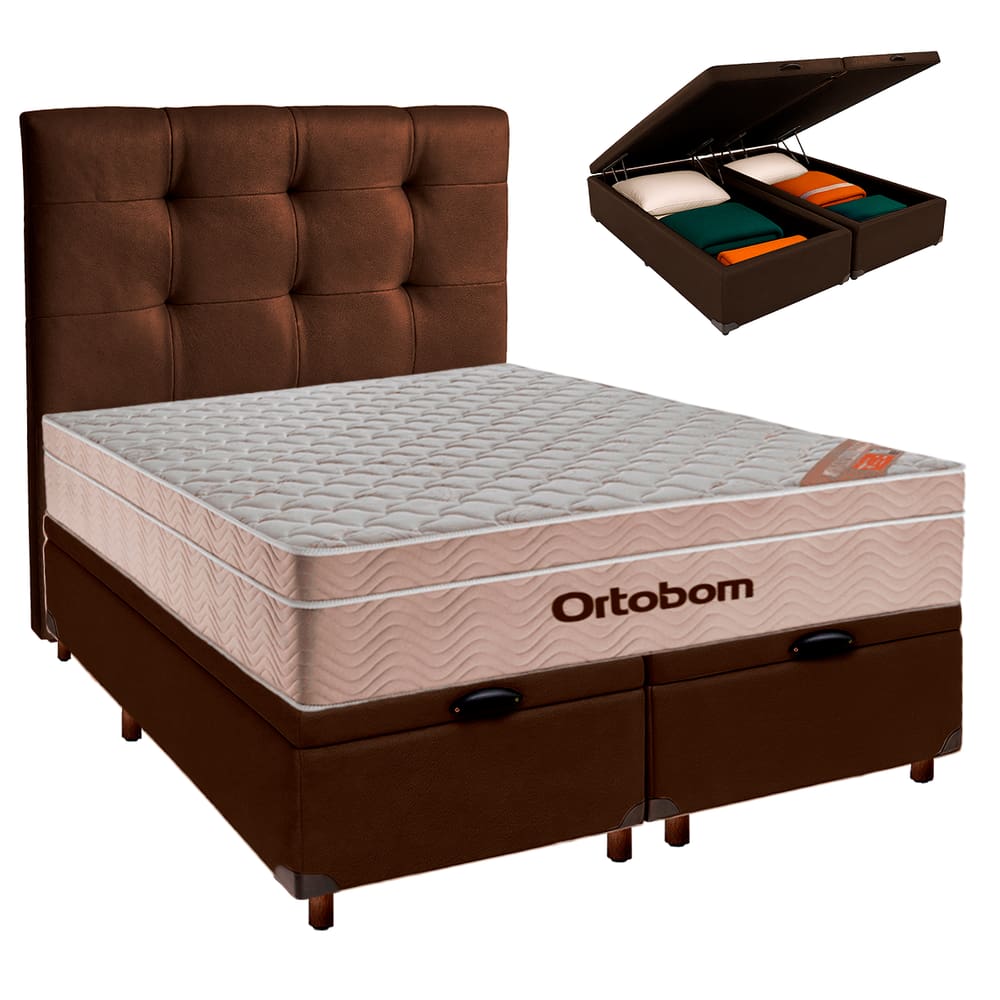 Cama + Bau Blindado e Colchão Ortobom Molas Ensacadas Queen - Airtech + Cabeceira