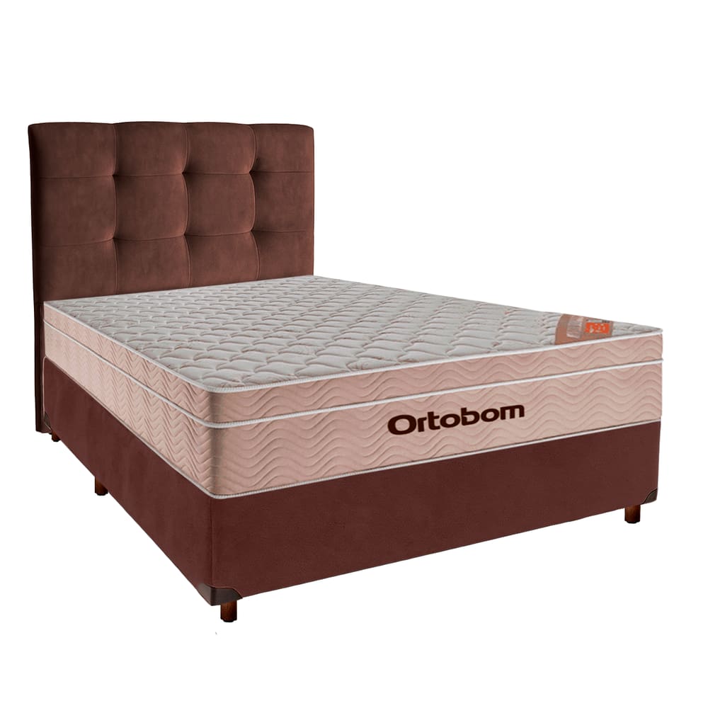 Cama + Box Marrom e Colchão Ortobom Molas Ensacadas Casal - Airtech + Cabeceira