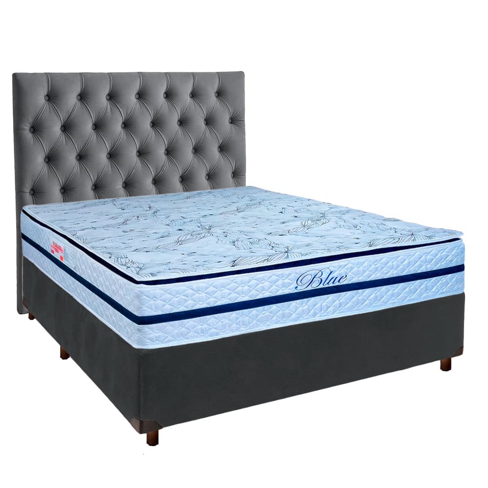 Cama + Box Cinza e Colchão Molas Ensacadas Casal - Blue Paropas + Cabeceira