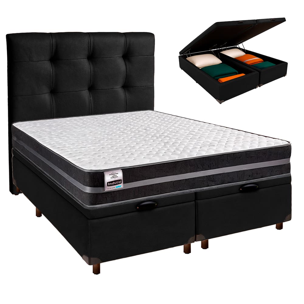 Cama Box Bau + Colchão Queen Molas Ultralastic Bogota Inducol + Cabeceira Estofada