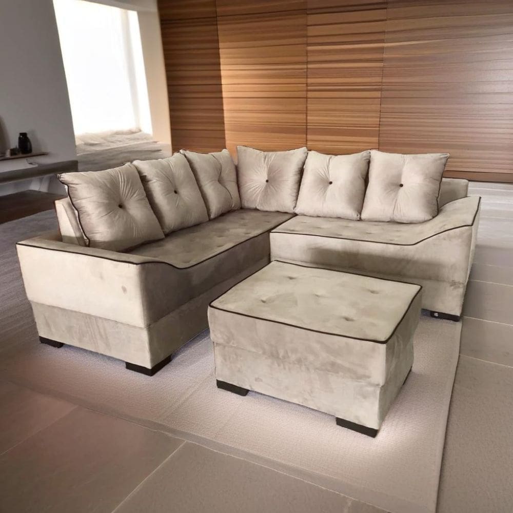 Sofá de Canto 3x2 Lugares Com Puff Inca Cinza Madri Design Estofados