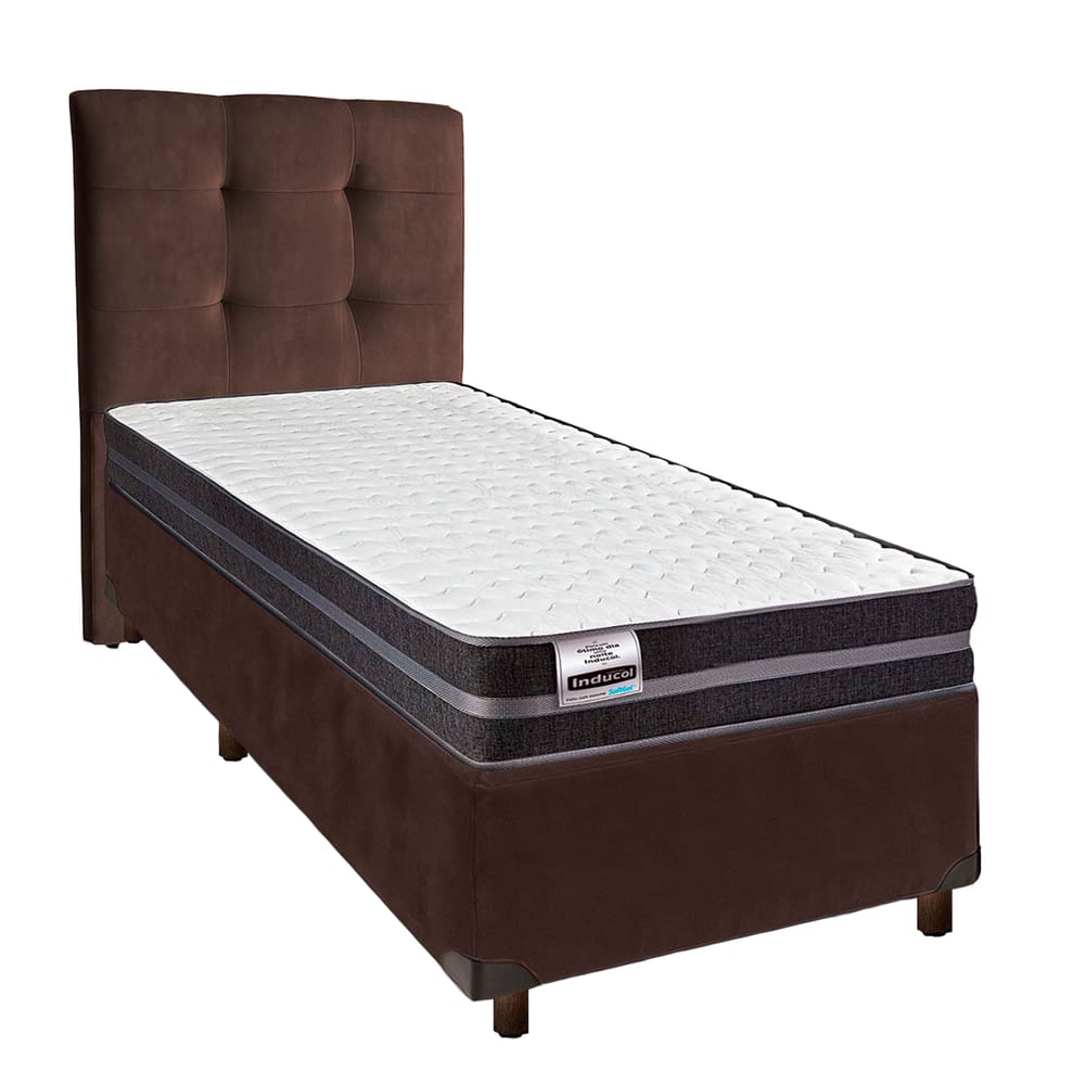 Cama + Box Marrom e Colchão Molas Ultralastic Solteiro - Bogota Inducol + Cabeceira