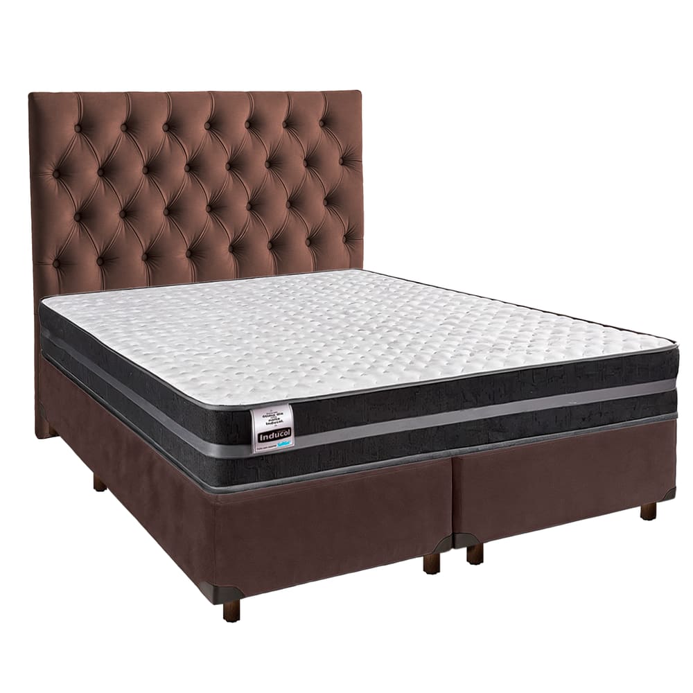 Cama + Box Marrom e Colchão Molas Ultralastic Queen - Bogota Inducol + Cabeceira