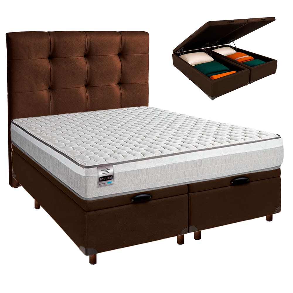 Cama Box Bau + Colchão Queen Molas Ensacadas Hanover Inducol + Cabeceira Estofada