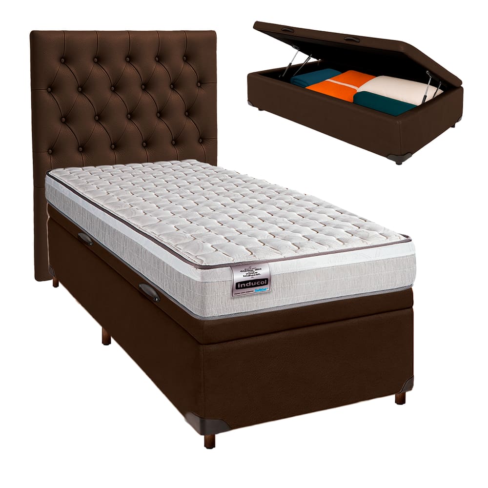 Cama Box Bau + Colchão Solteiro Molas Ensacadas Hanover Inducol + Cabeceira Estofada