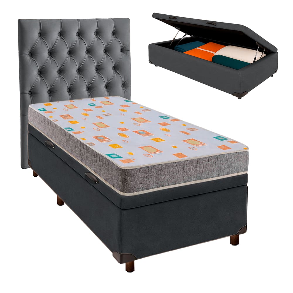 Cama Box Bau + Colchão Solteiro D20 D20 Inducol + Cabeceira Estofada