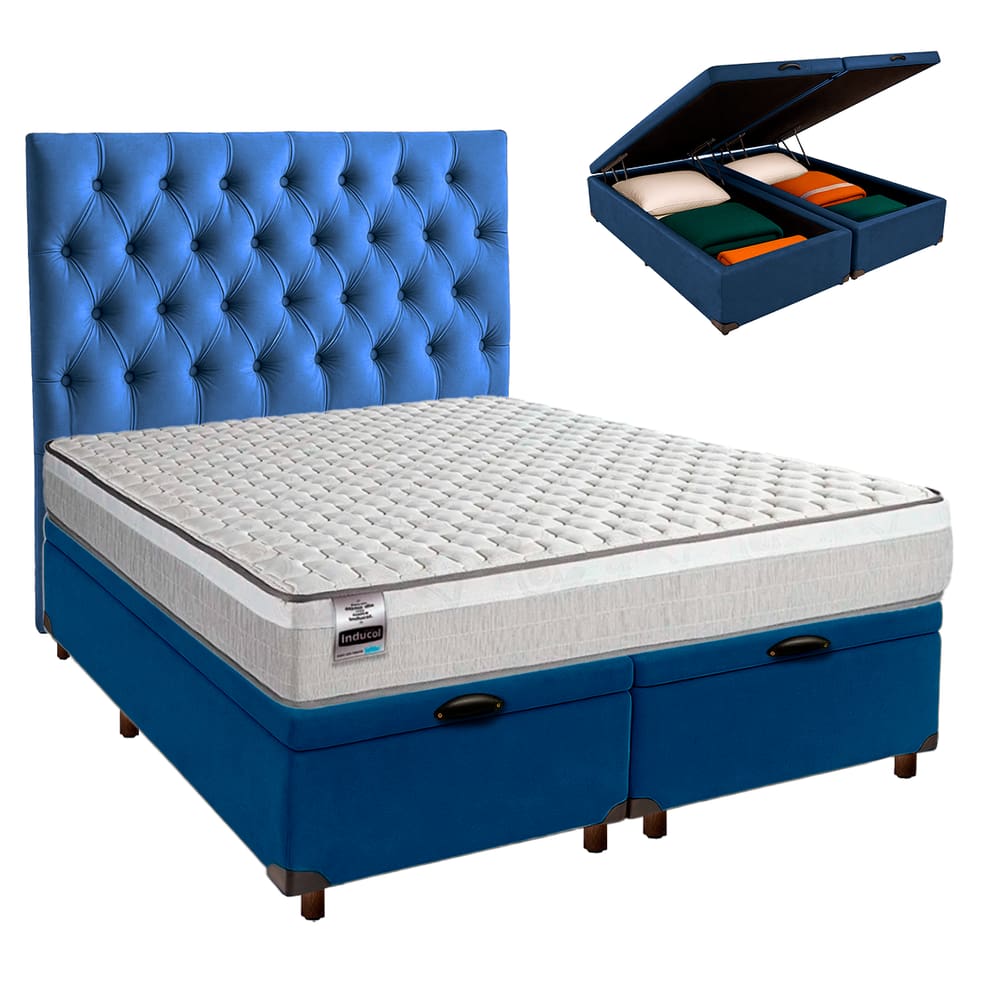 Conjunto Cama Box Bau Blindado Queen + Colchão Molas Ensacadas Hanover Inducol + Cabeceira