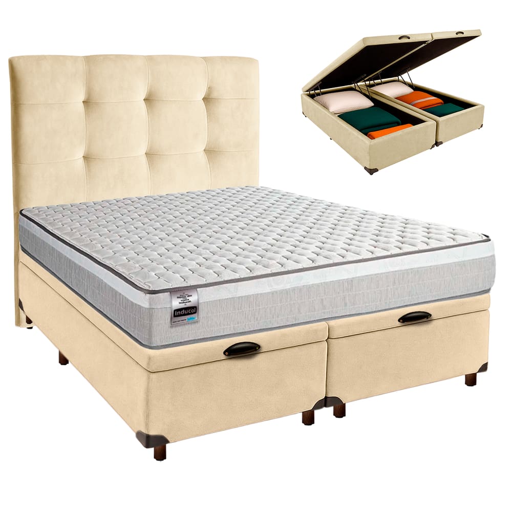 Cama Box Bau + Colchão Queen Molas Ensacadas Hanover Inducol + Cabeceira Estofada
