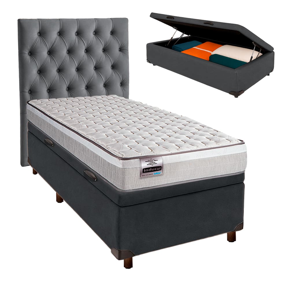 Conjunto Cama Box Bau Cinza Solteiro + Colchão Molas Ensacadas Hanover Inducol + Cabeceira