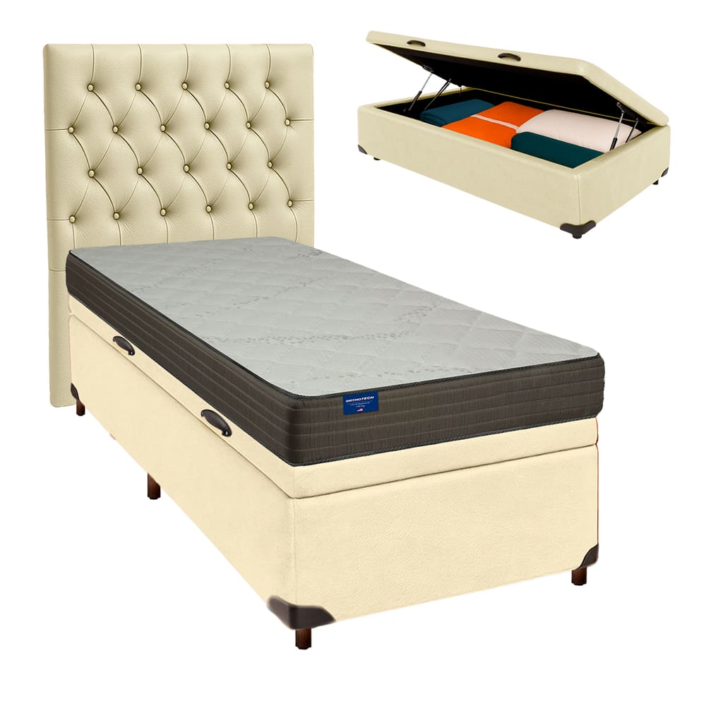 Cama Box Bau + Colchão Solteiro D33 Orthotech Inducol + Cabeceira Estofada