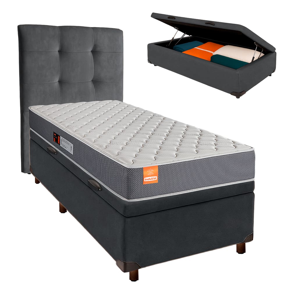 Cama Box Bau + Colchão Solteiro D23 Pro Inducol + Cabeceira Estofada