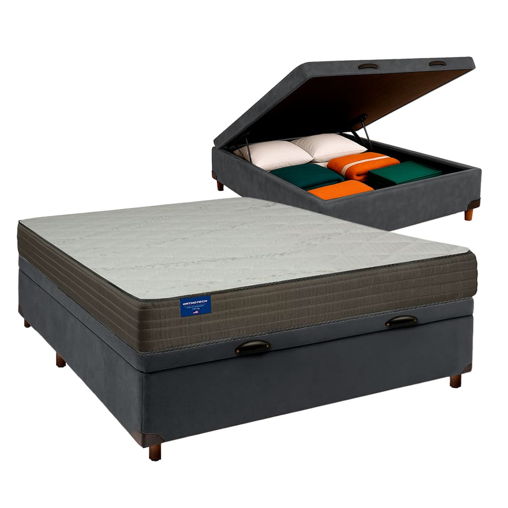 Cama Box Bau Cinza Casal + Colchão D33 Orthotech Inducol